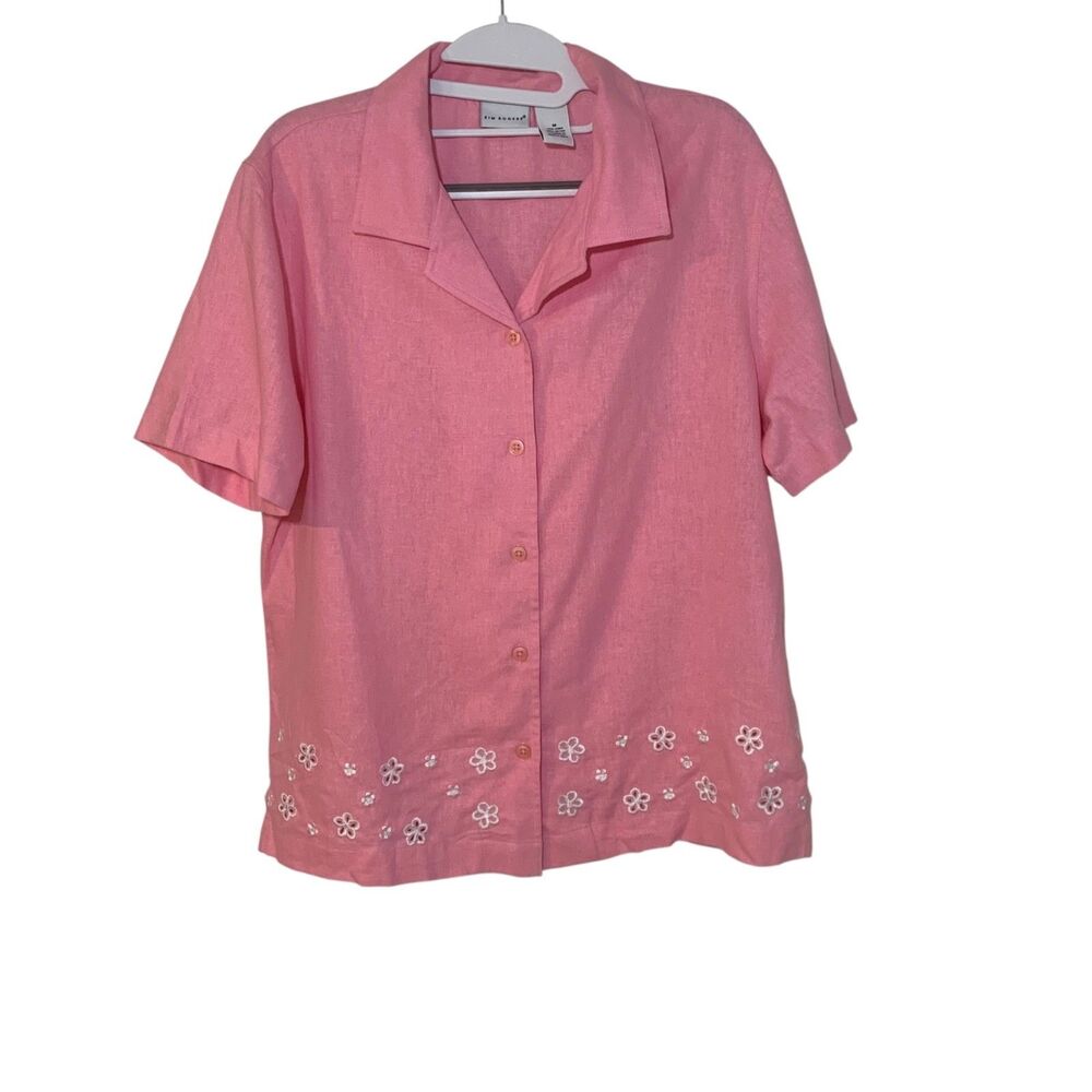 Kim Rogers Womens Pink Floral Embroidered Linen Button Up Top M Cottagecore